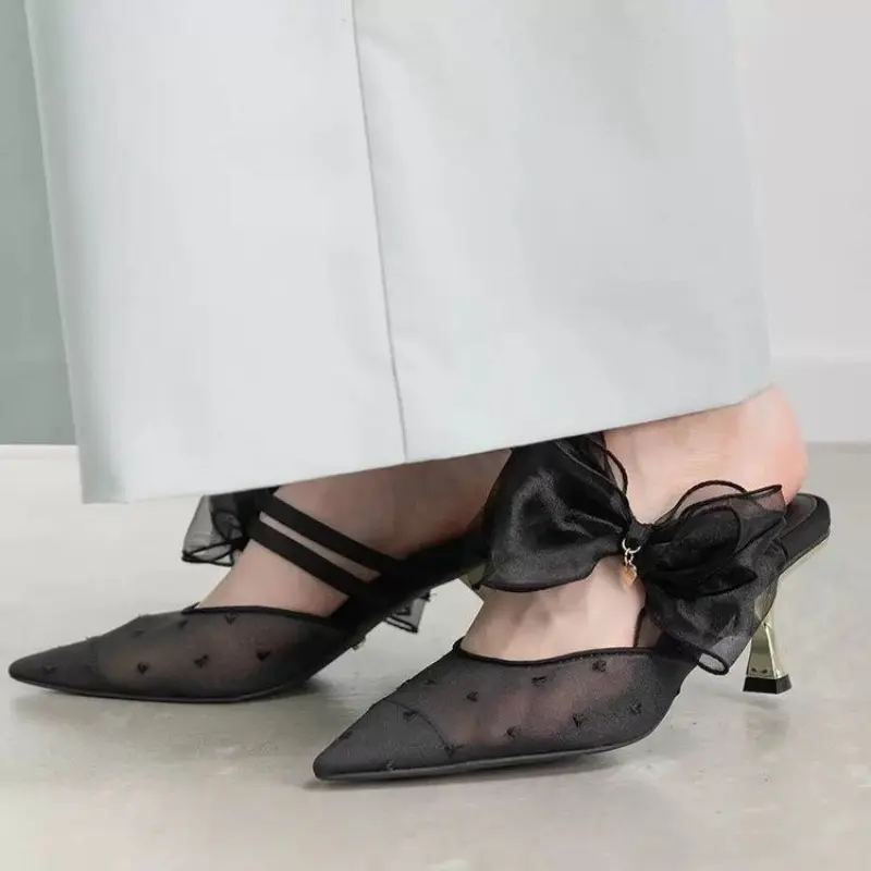 Fashion Bow Mesh Pointed Toe High Heel Slippers Summer New Stiletto Versatile Non-slip Wrapped Toe Stiletto Sandals