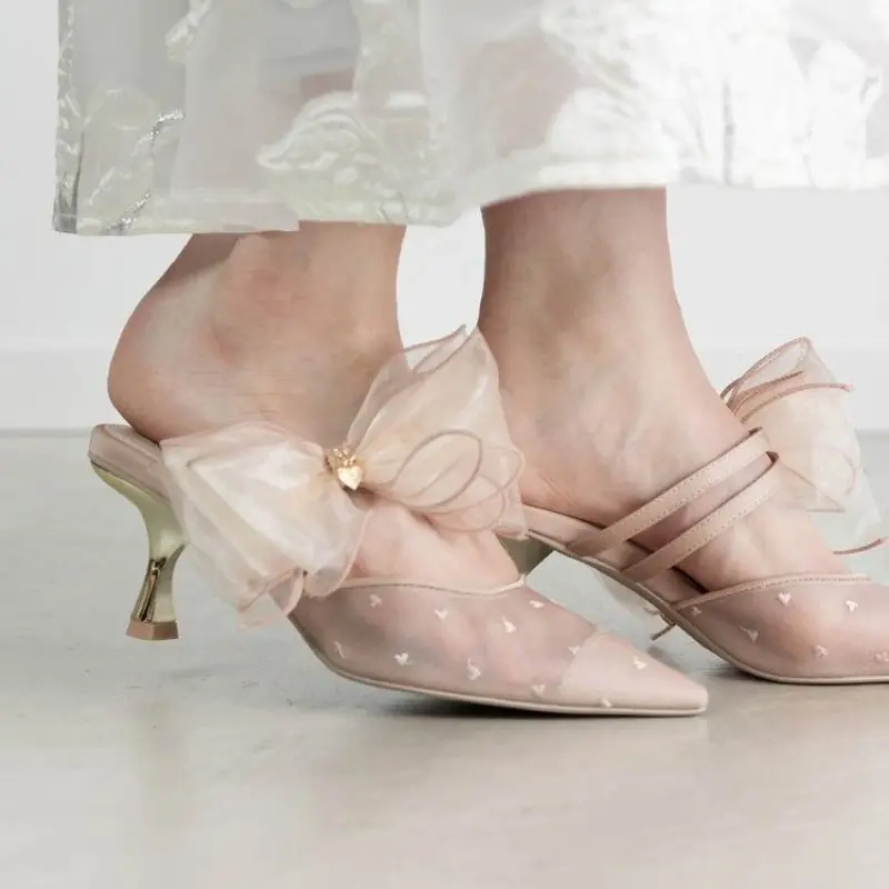 Fashion Bow Mesh Pointed Toe High Heel Slippers Summer New Stiletto Versatile Non-slip Wrapped Toe Stiletto Sandals