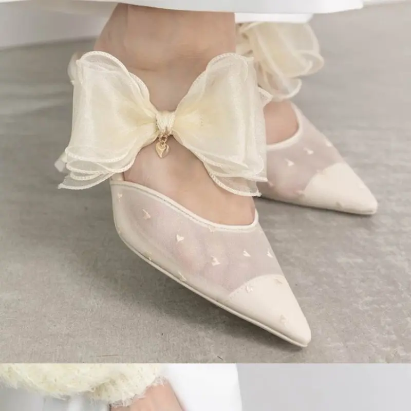 Fashion Bow Mesh Pointed Toe High Heel Slippers Summer New Stiletto Versatile Non-slip Wrapped Toe Stiletto Sandals
