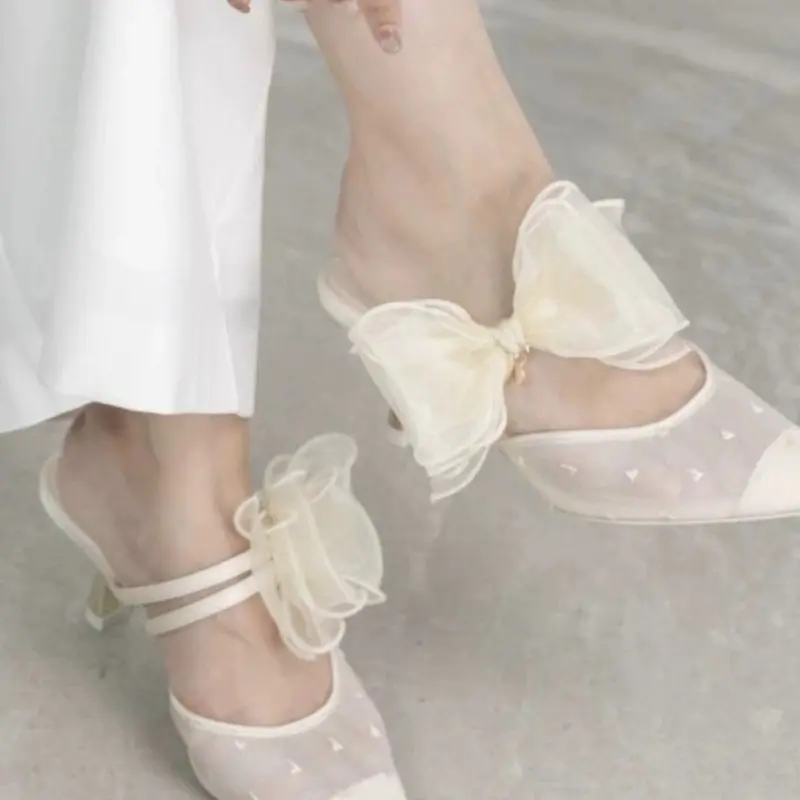 Fashion Bow Mesh Pointed Toe High Heel Slippers Summer New Stiletto Versatile Non-slip Wrapped Toe Stiletto Sandals