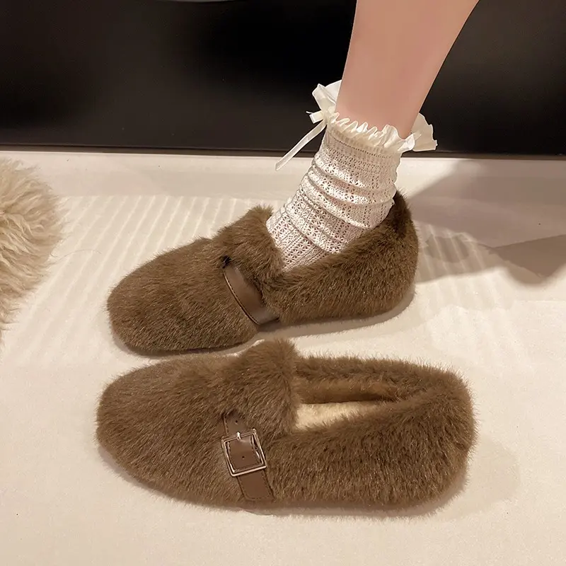 Women's Flat Cotton Shoes Winter New Square Head Deep Mouth Suede Metal Belt Buckle Soft Sole Non-slip Low-top Shoes