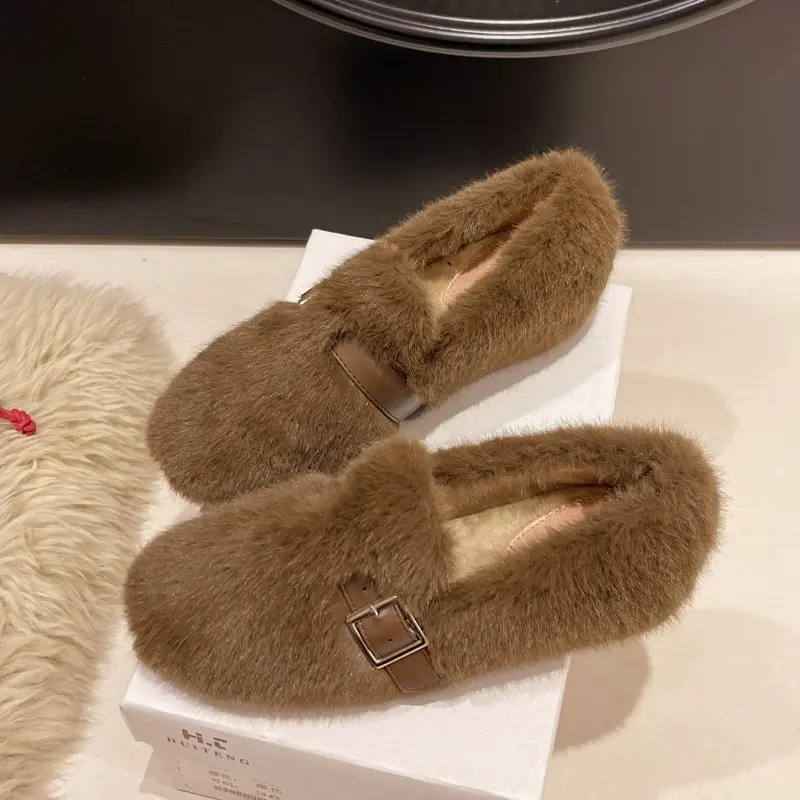 Women's Flat Cotton Shoes Winter New Square Head Deep Mouth Suede Metal Belt Buckle Soft Sole Non-slip Low-top Shoes