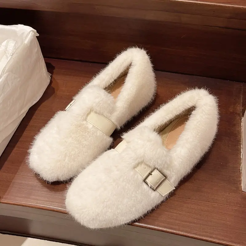 Women's Flat Cotton Shoes Winter New Square Head Deep Mouth Suede Metal Belt Buckle Soft Sole Non-slip Low-top Shoes