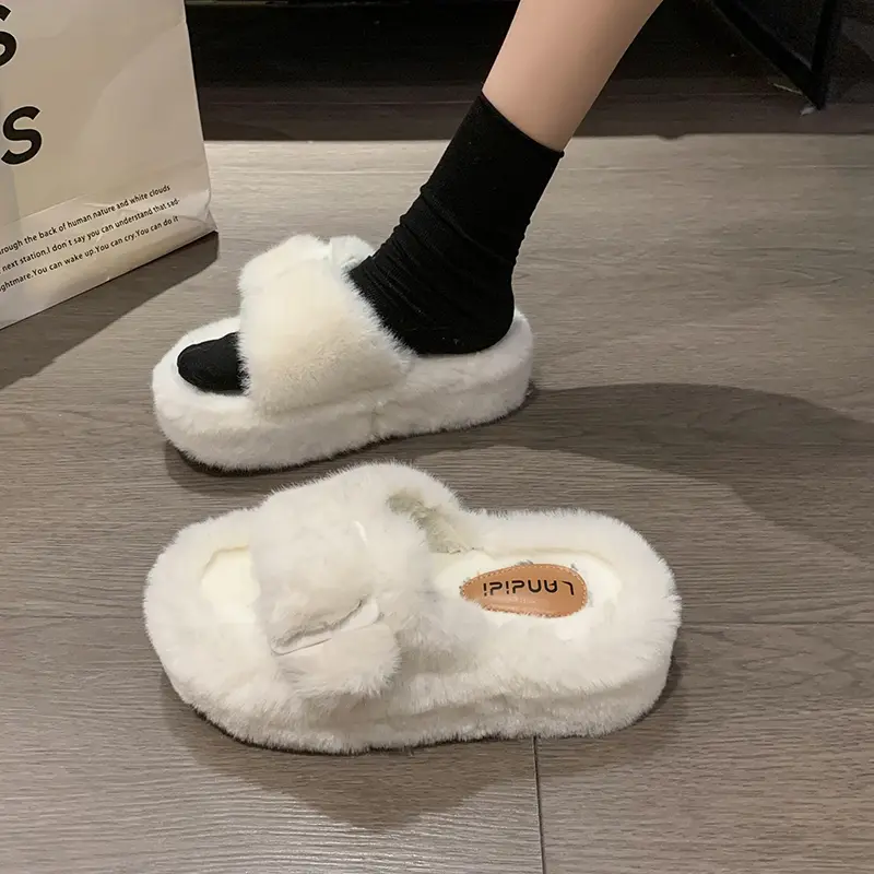Women's Fashion Flat Fluffy Slippers Winter New Round Head Open Toe Suede Warm Comfortable Cotton Drag