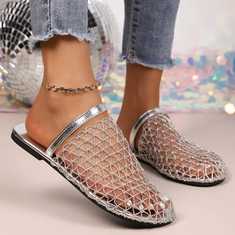 Summer Baotou Half-drag Women's Round Toe Deep Mouth Comfortable Fashion Versatile Hollow Mesh Beach Flat Shoes