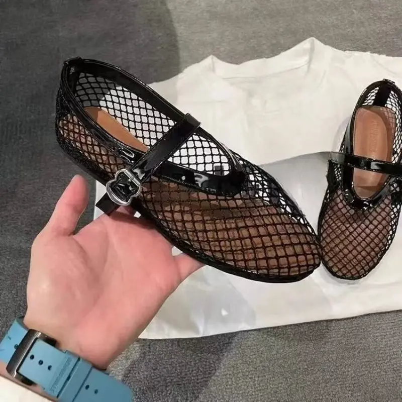 Large Mesh Metal Buckle One Strap Flat Shoes Women's Fashion Round Toe Shallow Mouth Soft Slip Single Shoes