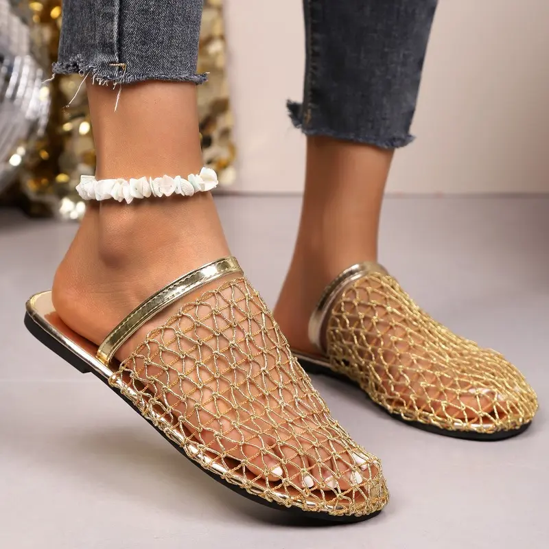 Summer Baotou Half-drag Women's Round Toe Deep Mouth Comfortable Fashion Versatile Hollow Mesh Beach Flat Shoes