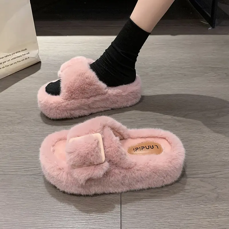 Women's Fashion Flat Fluffy Slippers Winter New Round Head Open Toe Suede Warm Comfortable Cotton Drag
