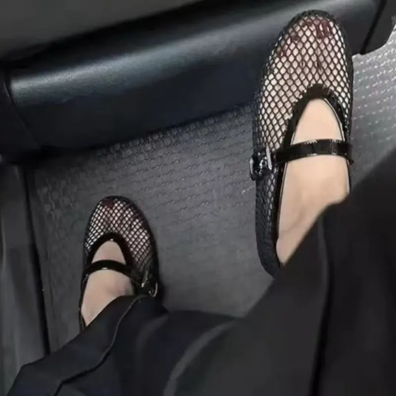 Large Mesh Metal Buckle One Strap Flat Shoes Women's Fashion Round Toe Shallow Mouth Soft Slip Single Shoes