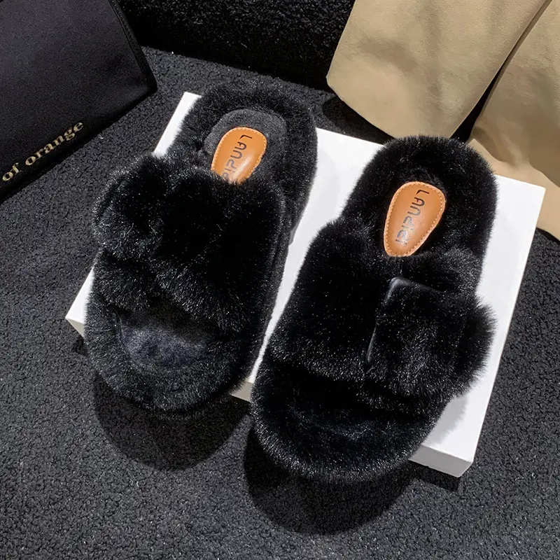 Women's Fashion Flat Fluffy Slippers Winter New Round Head Open Toe Suede Warm Comfortable Cotton Drag