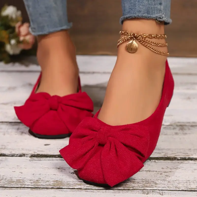 Women's Fashion Flat Shoes Autumn New Square Head Shallow Mouth Butterfly Knot Soft Low Anti-slip Wear-resistant Single Shoes