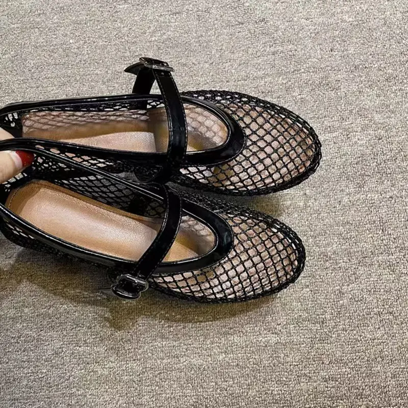 Large Mesh Metal Buckle One Strap Flat Shoes Women's Fashion Round Toe Shallow Mouth Soft Slip Single Shoes