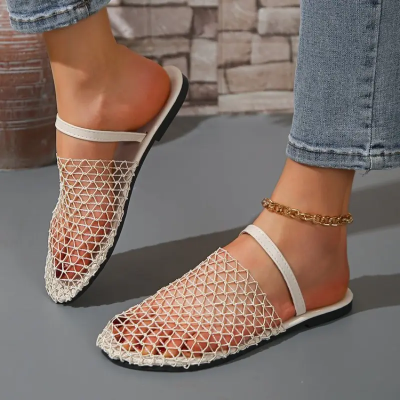 Summer Baotou Half-drag Women's Round Toe Deep Mouth Comfortable Fashion Versatile Hollow Mesh Beach Flat Shoes