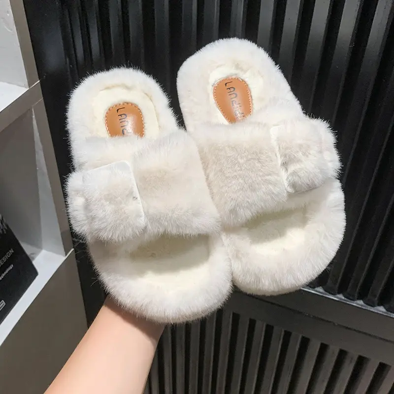 Women's Fashion Flat Fluffy Slippers Winter New Round Head Open Toe Suede Warm Comfortable Cotton Drag