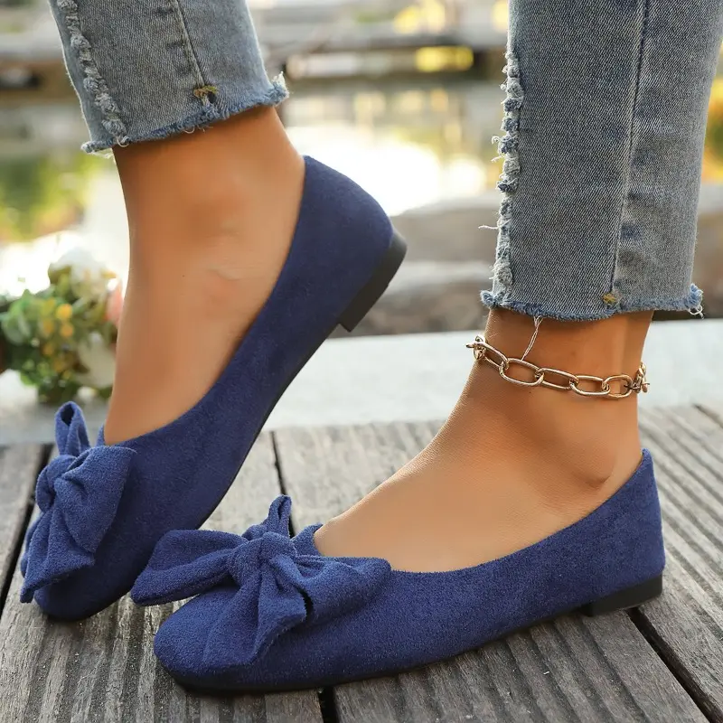 Women's Fashion Flat Shoes Autumn New Square Head Shallow Mouth Butterfly Knot Soft Low Anti-slip Wear-resistant Single Shoes