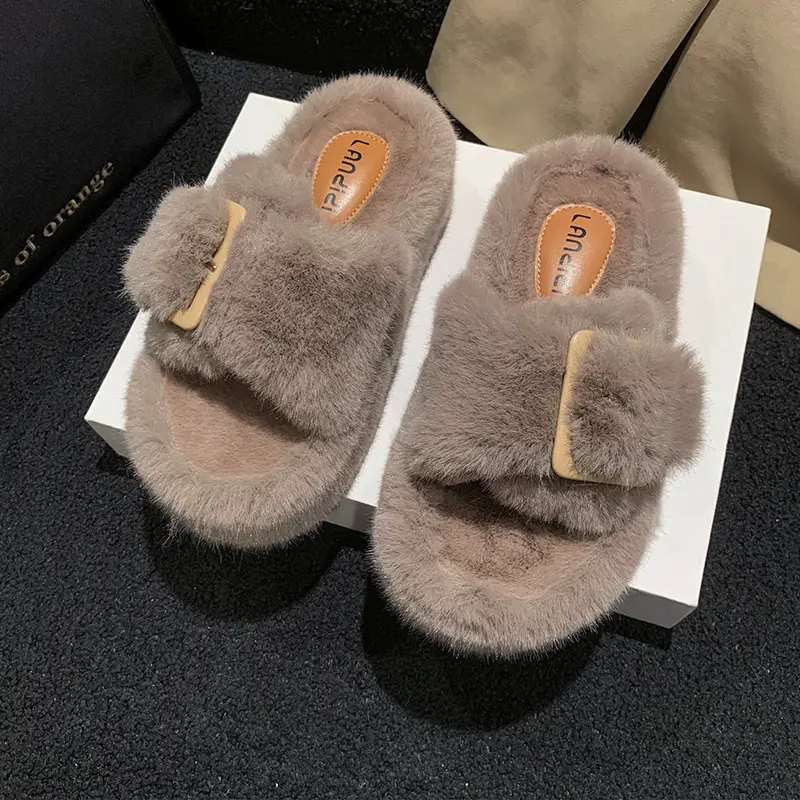 Women's Fashion Flat Fluffy Slippers Winter New Round Head Open Toe Suede Warm Comfortable Cotton Drag