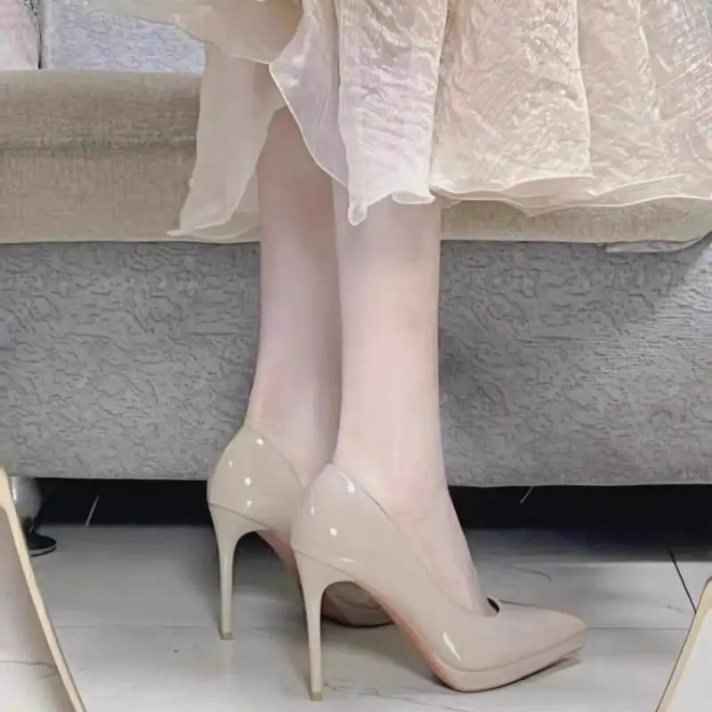 Super High Heel Waterproof Platform Single Shoes Spring New Patent Leather Pointed Shallow Mouth Set Foot Non-slip High Heels