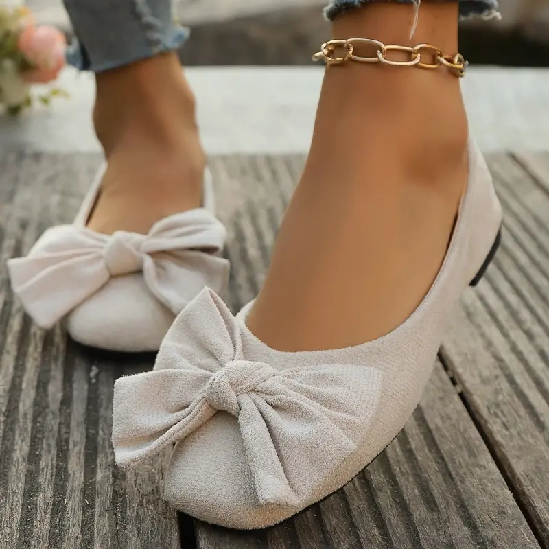 Women's Fashion Flat Shoes Autumn New Square Head Shallow Mouth Butterfly Knot Soft Low Anti-slip Wear-resistant Single Shoes