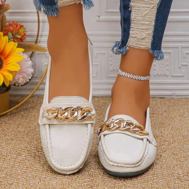 Women's Flat Shoes Autumn New Round Head Mid-mouth Metal Chain Anti-slip Wear-resistant Soft Bottom Low-top Shoes
