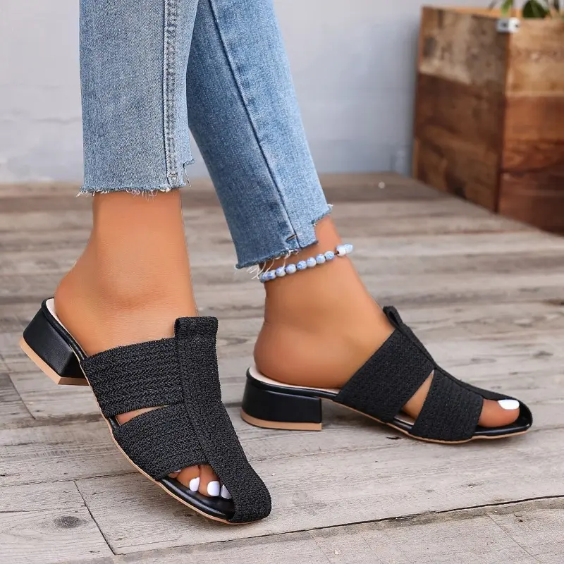 Summer New Plus Size Kitten Heel Block Heel Flying Weave Outside Wear Sandals and Slippers Women's Casual Baotou Women's Shoes