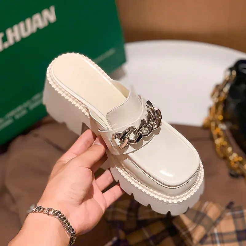 Autumn New Baotou Slippers Women's Round Head Deep Mouth Metal Chain Soft Sole Anti-slip Wear-resistant High Heels