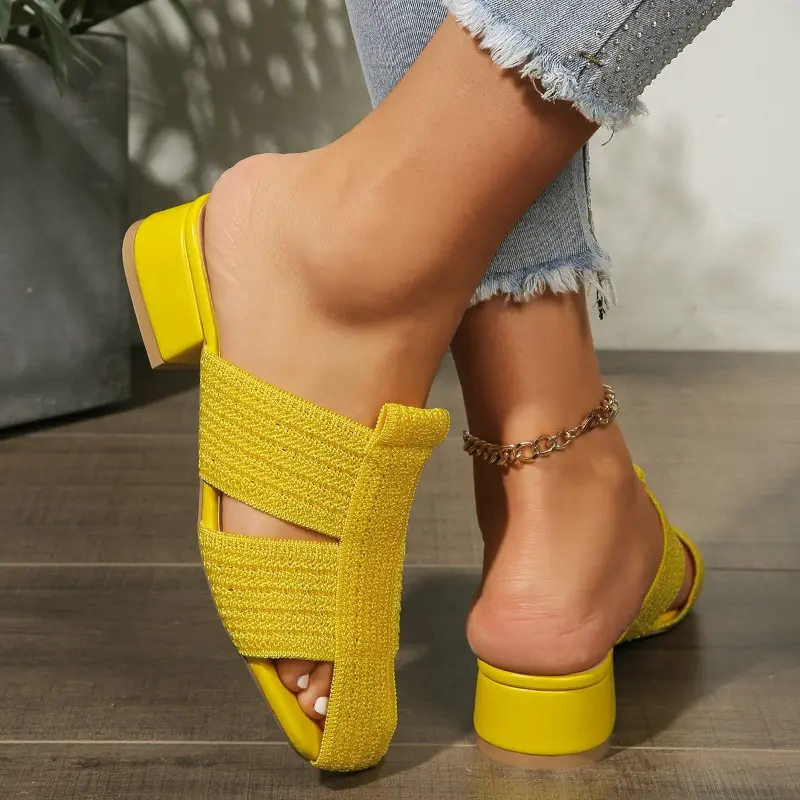 Summer New Plus Size Kitten Heel Block Heel Flying Weave Outside Wear Sandals and Slippers Women's Casual Baotou Women's Shoes