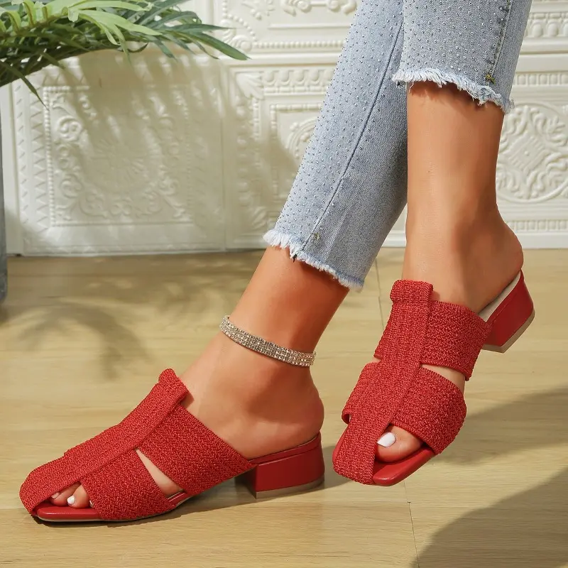Summer New Plus Size Kitten Heel Block Heel Flying Weave Outside Wear Sandals and Slippers Women's Casual Baotou Women's Shoes
