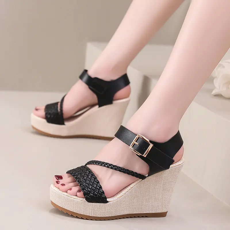 Summer Super High Heel Thick Bottom Wedge Heel Sandals Women Waterproof Platform One-strap Non-slip Leather Sandals Large Size