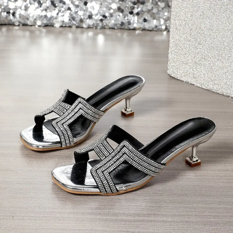 Temperament Stiletto Slippers Summer New Square Toe Open Toe Rhinestone Hollow Out Non-slip Wear-resistant Kitten Heel Shoes