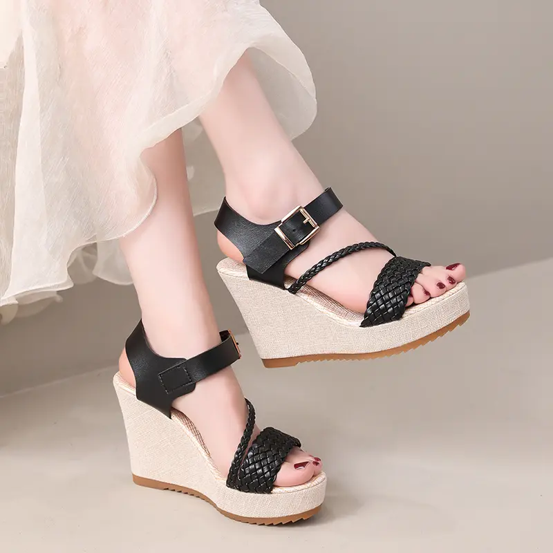Summer Super High Heel Thick Bottom Wedge Heel Sandals Women Waterproof Platform One-strap Non-slip Leather Sandals Large Size