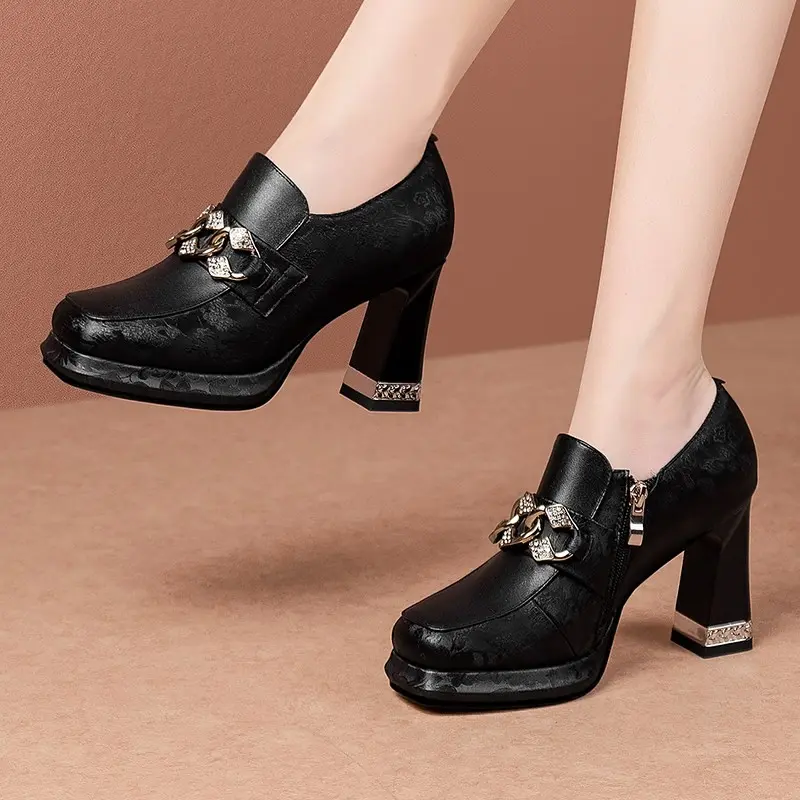 Women's Thick Heel Shoes Spring Square Head Deep Mouth Side Zipper Metal Chain Thick Sole Anti-slip Wear-resistant High Heels