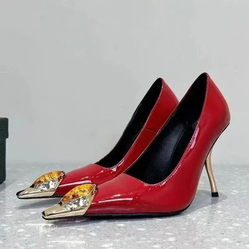2025 New Luxury Gemstone Patent Leather Metal Square toe Women Pumps Fashion Office Thin High heels Female Party Banquet Shoes