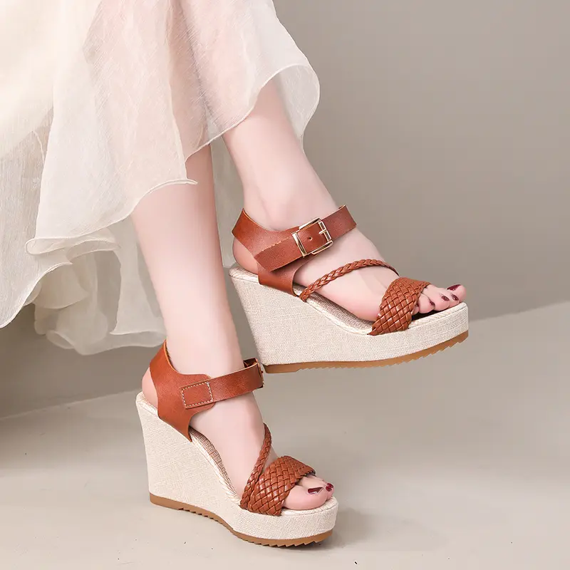 Summer Super High Heel Thick Bottom Wedge Heel Sandals Women Waterproof Platform One-strap Non-slip Leather Sandals Large Size