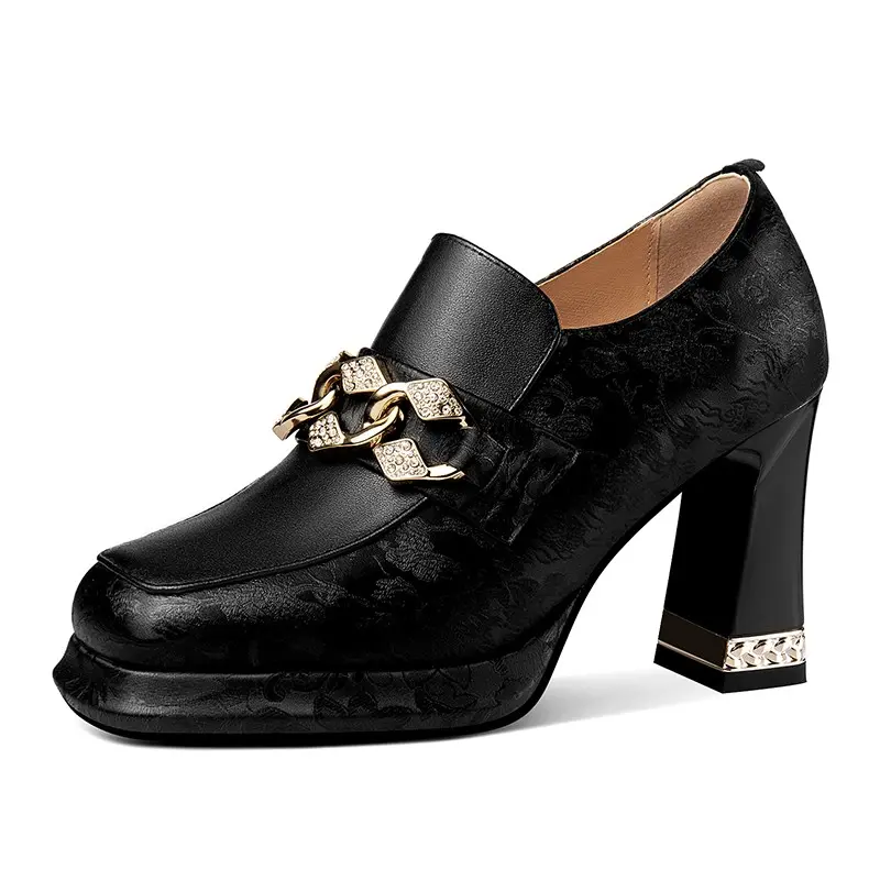 Women's Thick Heel Shoes Spring Square Head Deep Mouth Side Zipper Metal Chain Thick Sole Anti-slip Wear-resistant High Heels