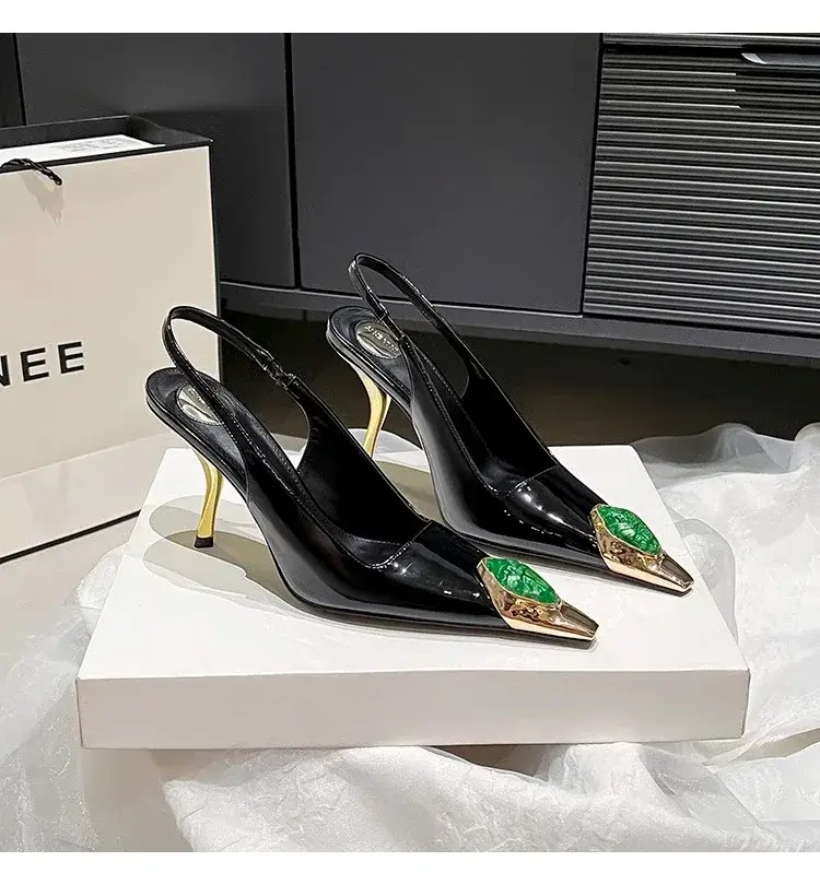 2025 New Luxury Gemstone Patent Leather Metal Square toe Women Pumps Fashion Office Thin High heels Female Party Banquet Shoes