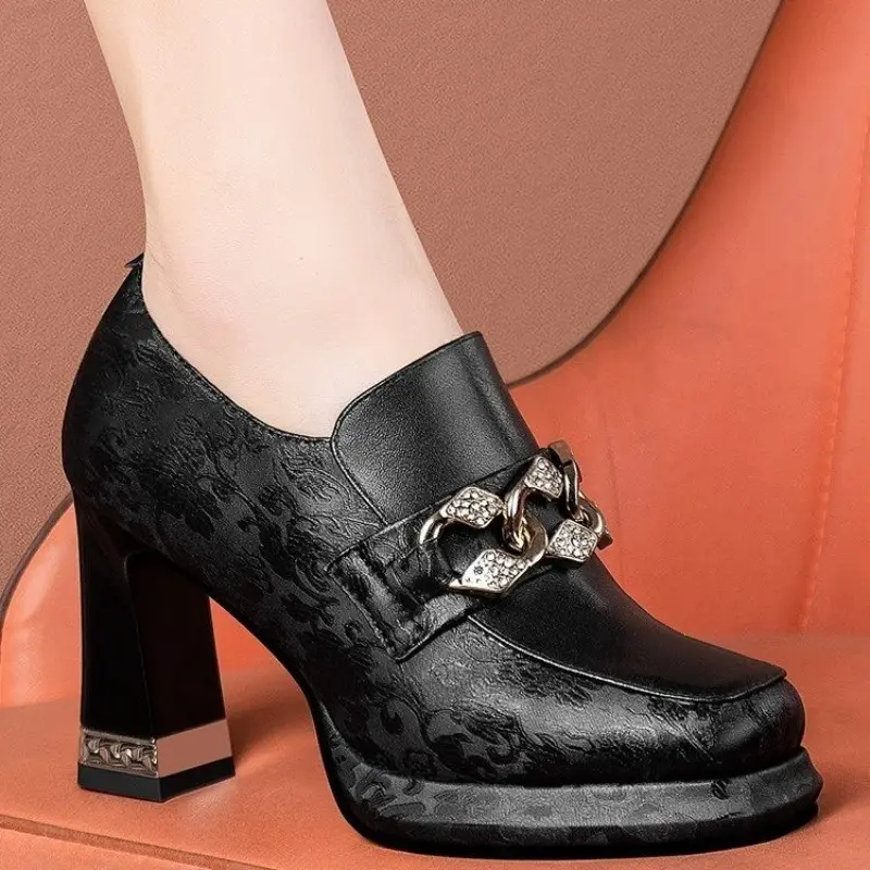 Women's Thick Heel Shoes Spring Square Head Deep Mouth Side Zipper Metal Chain Thick Sole Anti-slip Wear-resistant High Heels