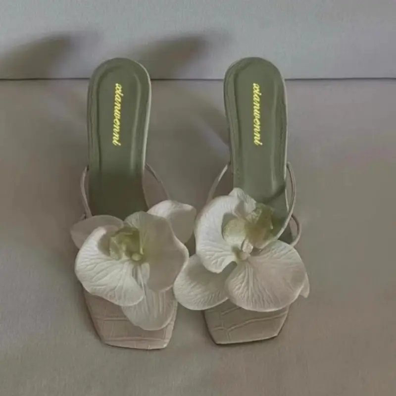 New Summer Stiletto Sandals Women's Fashion Square Head Open Toe Thin with Flowers Slip-on High-heeled Slippers