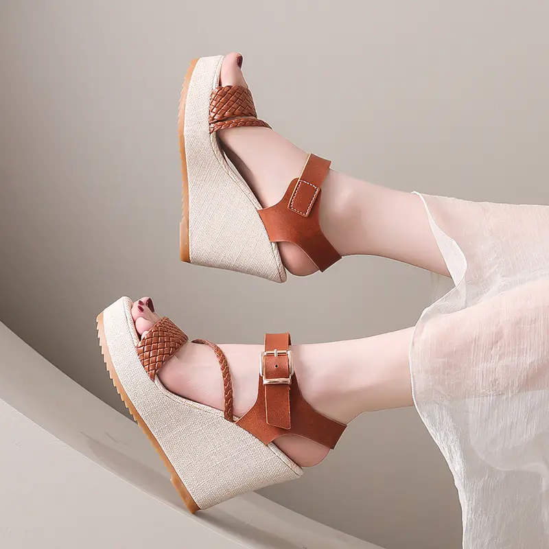 Summer Super High Heel Thick Bottom Wedge Heel Sandals Women Waterproof Platform One-strap Non-slip Leather Sandals Large Size