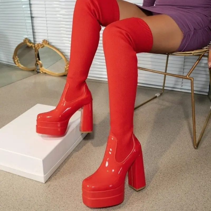Over The Knee Thigh Boots Autumn New Paneled Stretch Cloth Sleeve Platform Block Heel Sock Boots