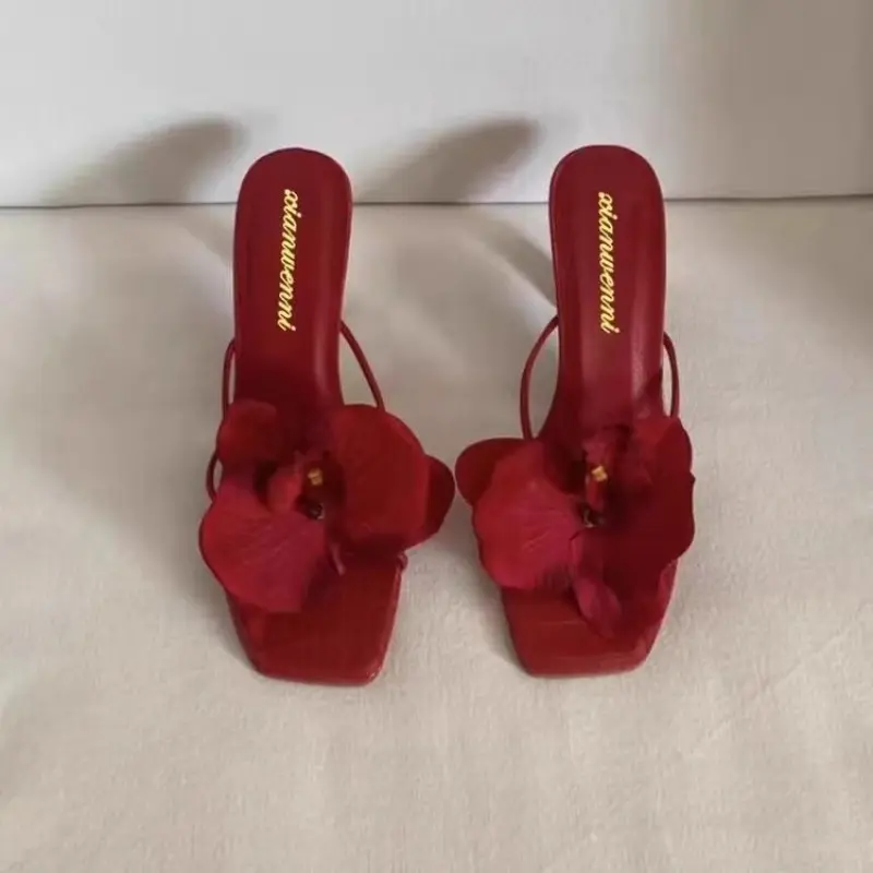 New Summer Stiletto Sandals Women's Fashion Square Head Open Toe Thin with Flowers Slip-on High-heeled Slippers
