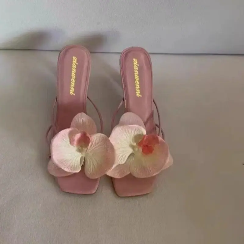 New Summer Stiletto Sandals Women's Fashion Square Head Open Toe Thin with Flowers Slip-on High-heeled Slippers