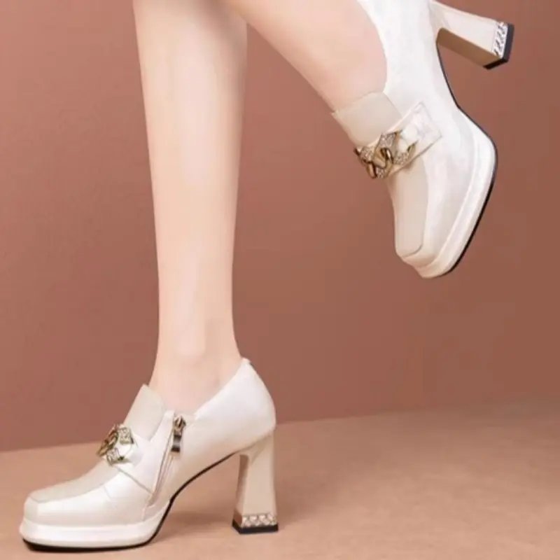 Women's Thick Heel Shoes Spring Square Head Deep Mouth Side Zipper Metal Chain Thick Sole Anti-slip Wear-resistant High Heels