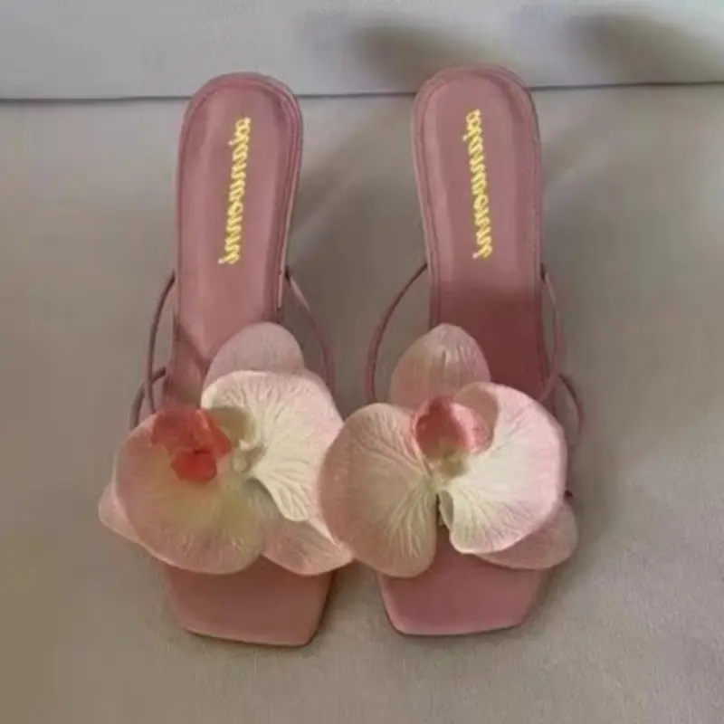 New Summer Stiletto Sandals Women's Fashion Square Head Open Toe Thin with Flowers Slip-on High-heeled Slippers
