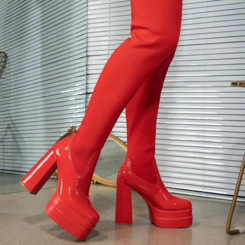 Over The Knee Thigh Boots Autumn New Paneled Stretch Cloth Sleeve Platform Block Heel Sock Boots