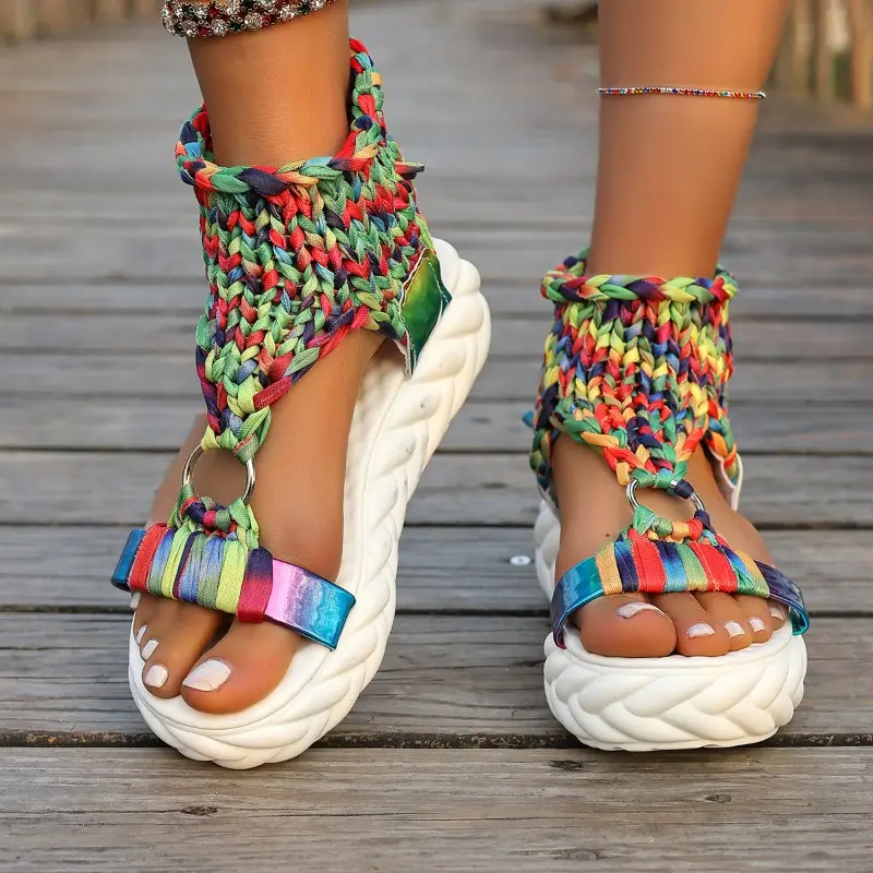 Women's Fashion Round Head Knitted Cover Foot Soft Sole Anti-slip Wear-resistant Flat Shoes Summer Platform Sandals