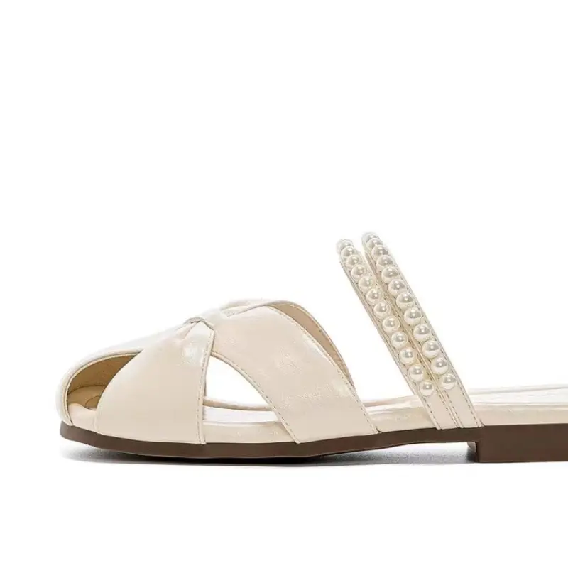 Pearl Fashion Baotou Slippers Women's Outside Wear 2025 Summer New Flat Soft-sole Temperament Slip-on Slippers