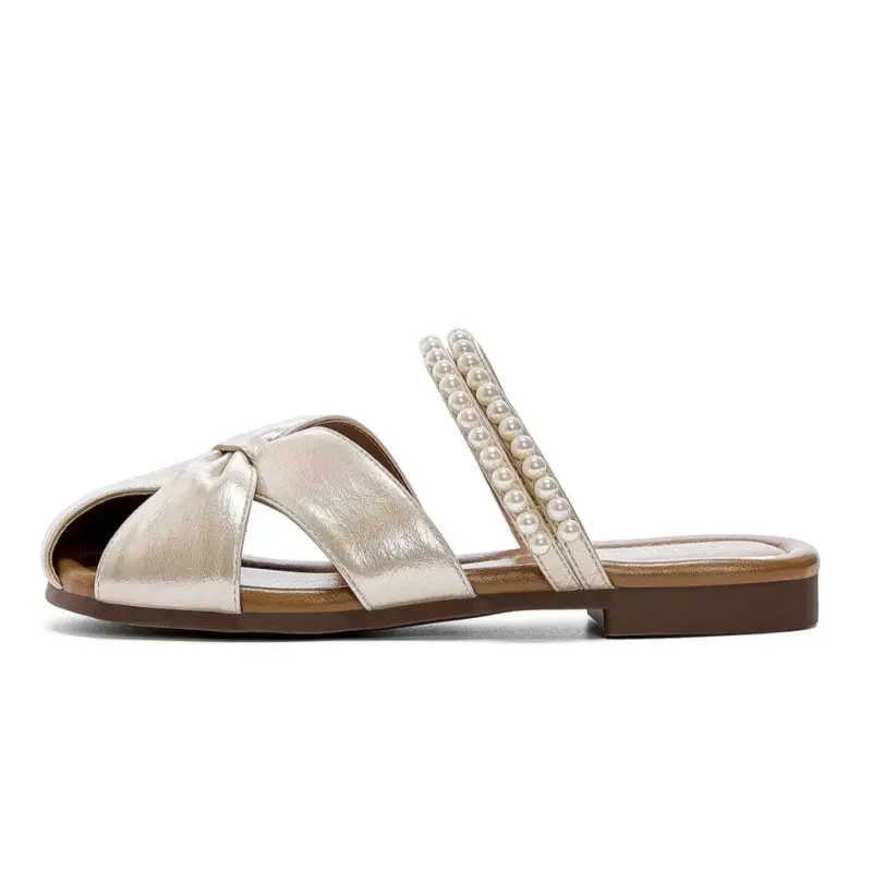 Pearl Fashion Baotou Slippers Women's Outside Wear 2025 Summer New Flat Soft-sole Temperament Slip-on Slippers