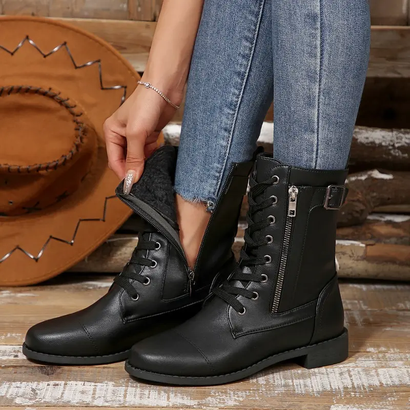 Low Heel Single Boots Autumn New Round Toe Front Lace-Up Side Zipper Soft Sole Anti-Slip Wear-Resistant Short Shoe
