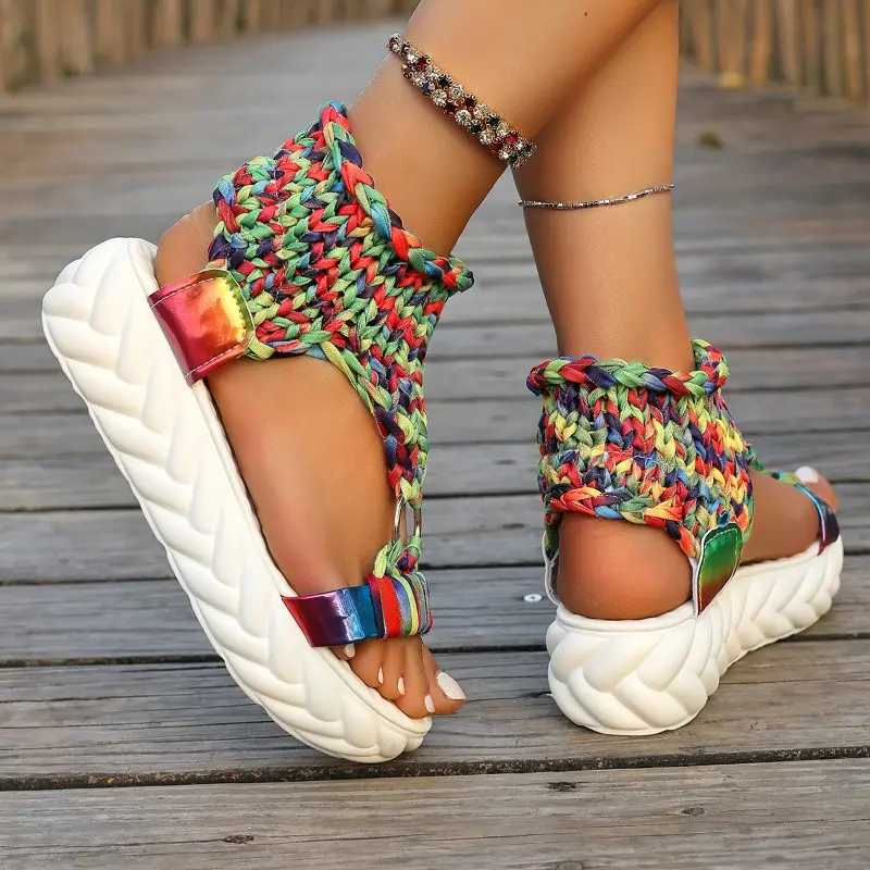 Women's Fashion Round Head Knitted Cover Foot Soft Sole Anti-slip Wear-resistant Flat Shoes Summer Platform Sandals