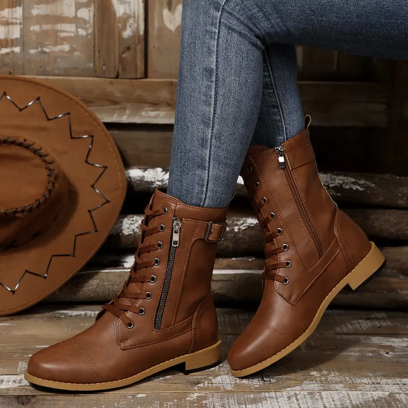 Low Heel Single Boots Autumn New Round Toe Front Lace-Up Side Zipper Soft Sole Anti-Slip Wear-Resistant Short Shoe